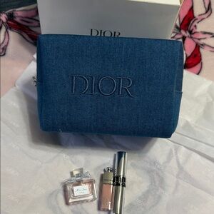 Dior Blue Embroidered Denim makeup bag